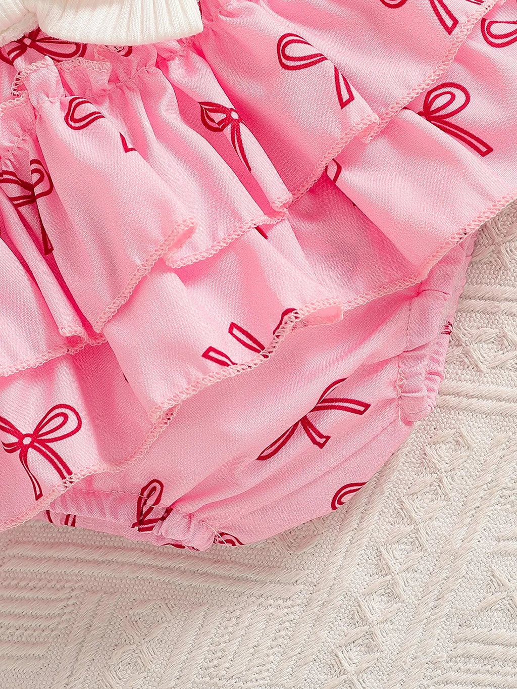 Baby girl summer cute bow decoration camisole printed bow ribbed white romper with white bow, color-contrast pink bow all-over p