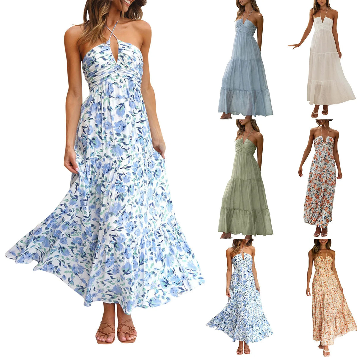 Women's Sleeveless V-Neck Casual Maxi Dress – Solid Color Spaghetti Strap A-Line Summer Dress