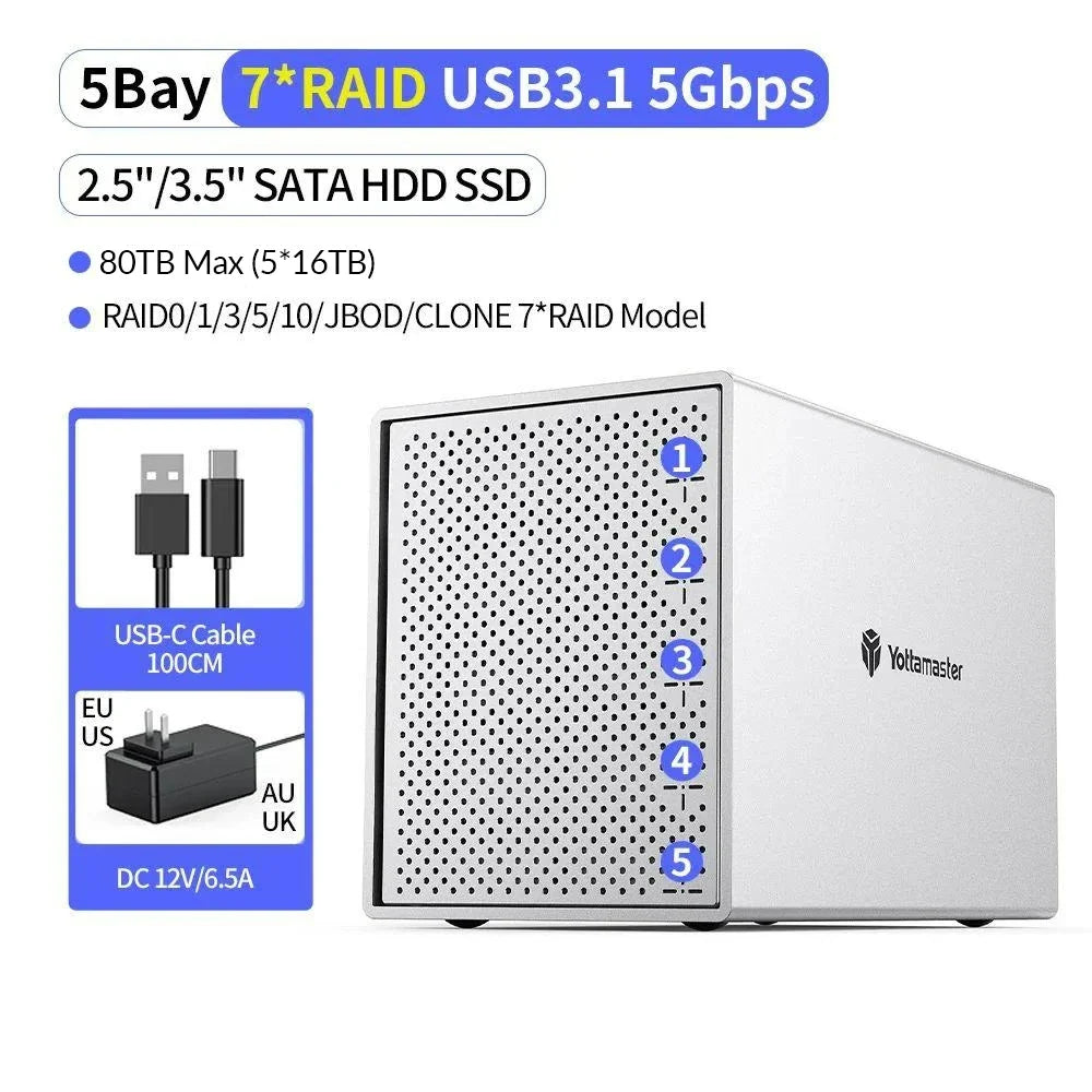 Yottamaster 5 Bay External Hard Drive Enclosure USB3.0 HDD BOX for 3.5/2.5 Inch SATA HDD Support 5 x 16TB Storage RAID Case(DAS)