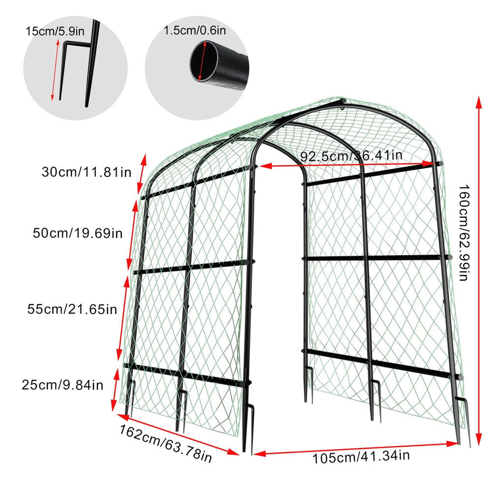 U-Shaped Garden Cucumber Trellis for Climbing Plants Support Frame with Nylon Netting and Spikes Metal Garden Trellis Arch