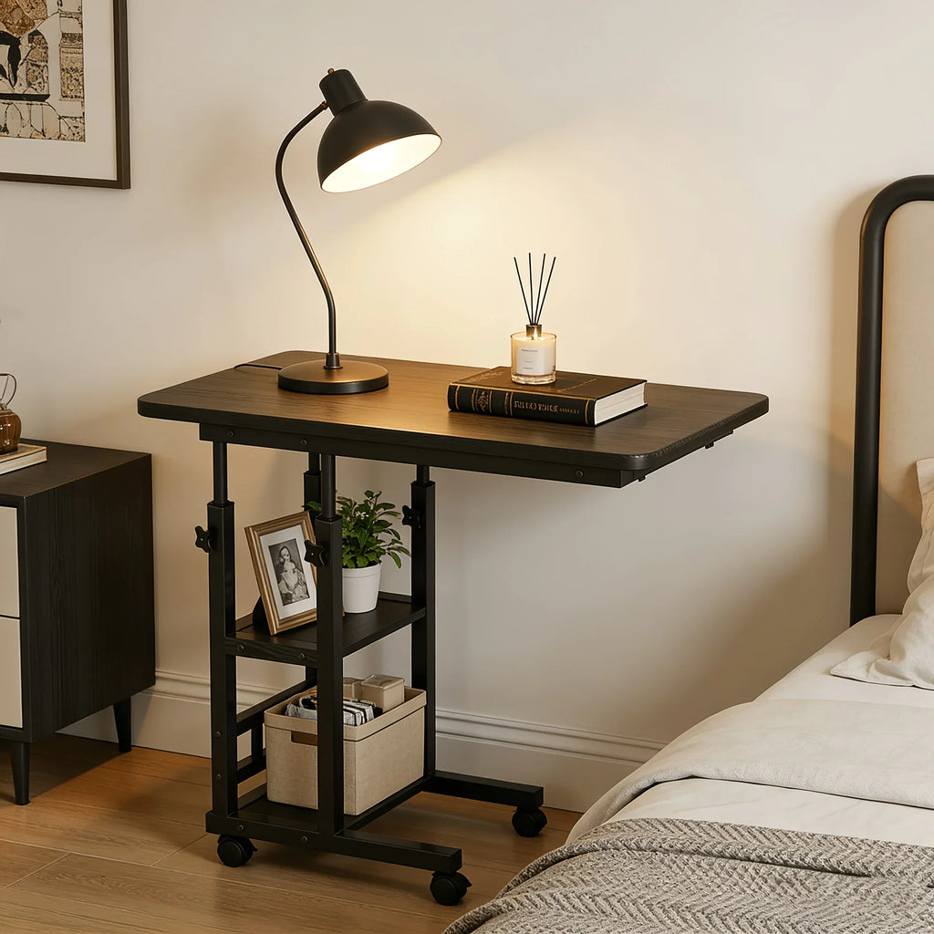 Mobile Height-Adjustable Laptop Desk with Dual Shelves