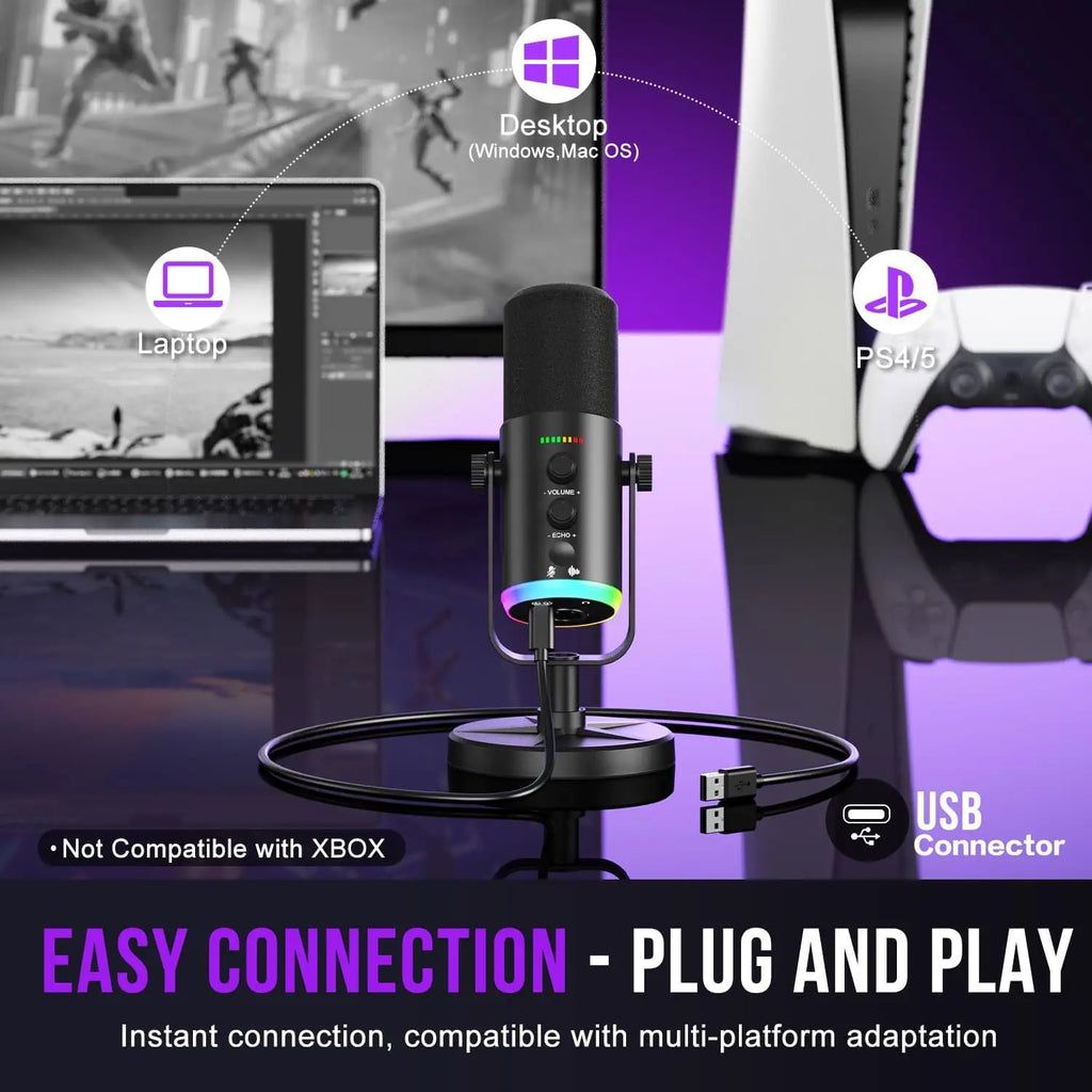 Dynamic Gaming Microphone, XLR/USB Mic Streaming, AI Noise Cancellation, Controlable RGB, Tap Mute, Volume Control