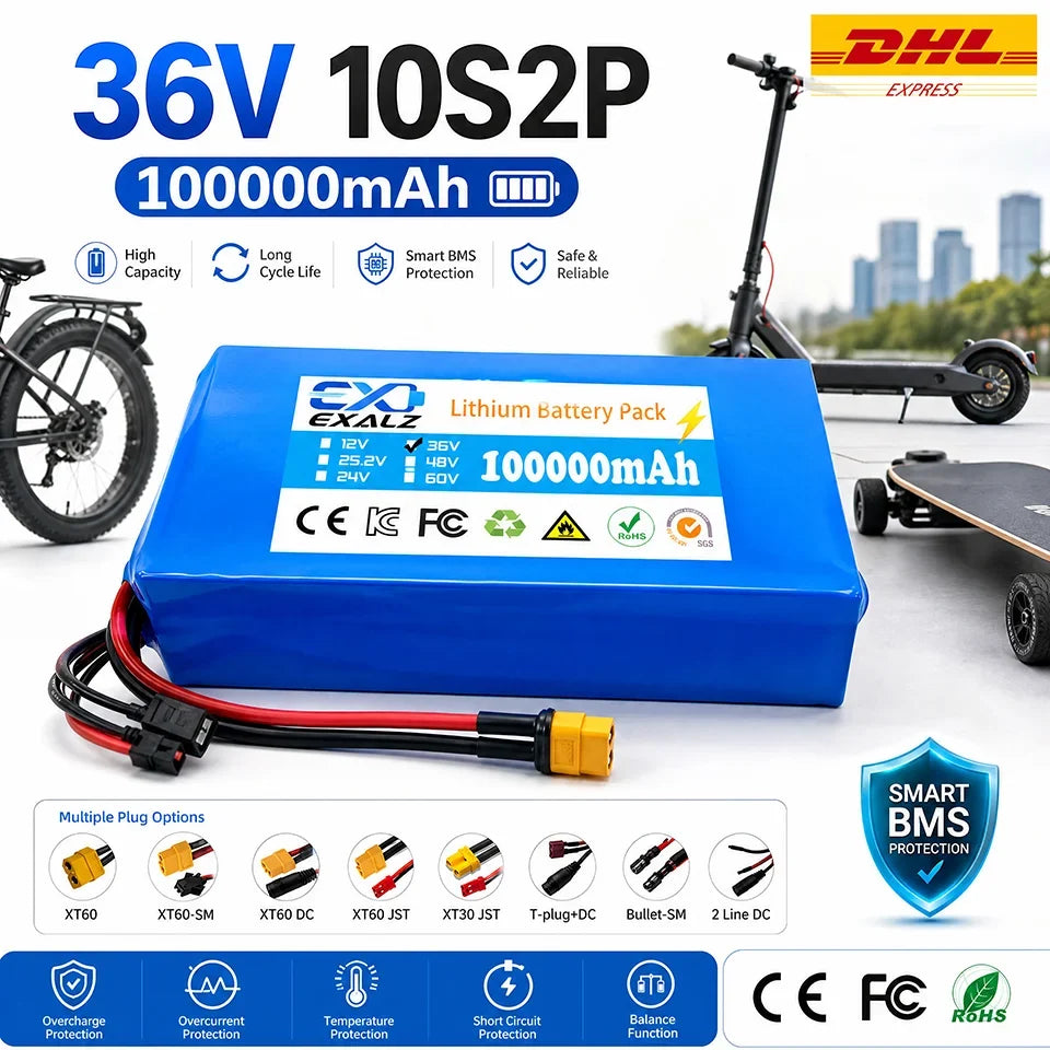 36V Hoverboard Scooter Battery 10S2P 100Ah 18650 Rechargeable Lithium Pack for Skateboard Ultra Thin BMS XT60 Plug