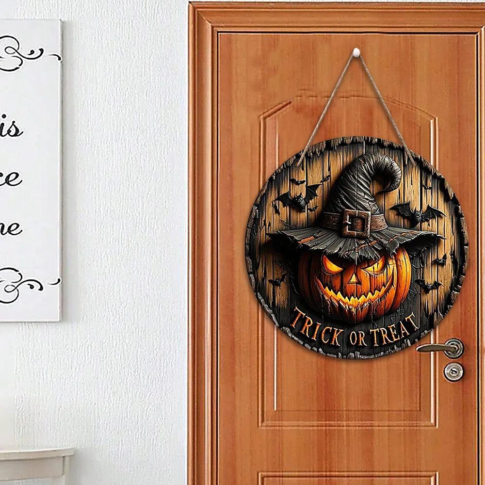 Round Wooden Halloween Sign, Pumpkin and Ghost Decor