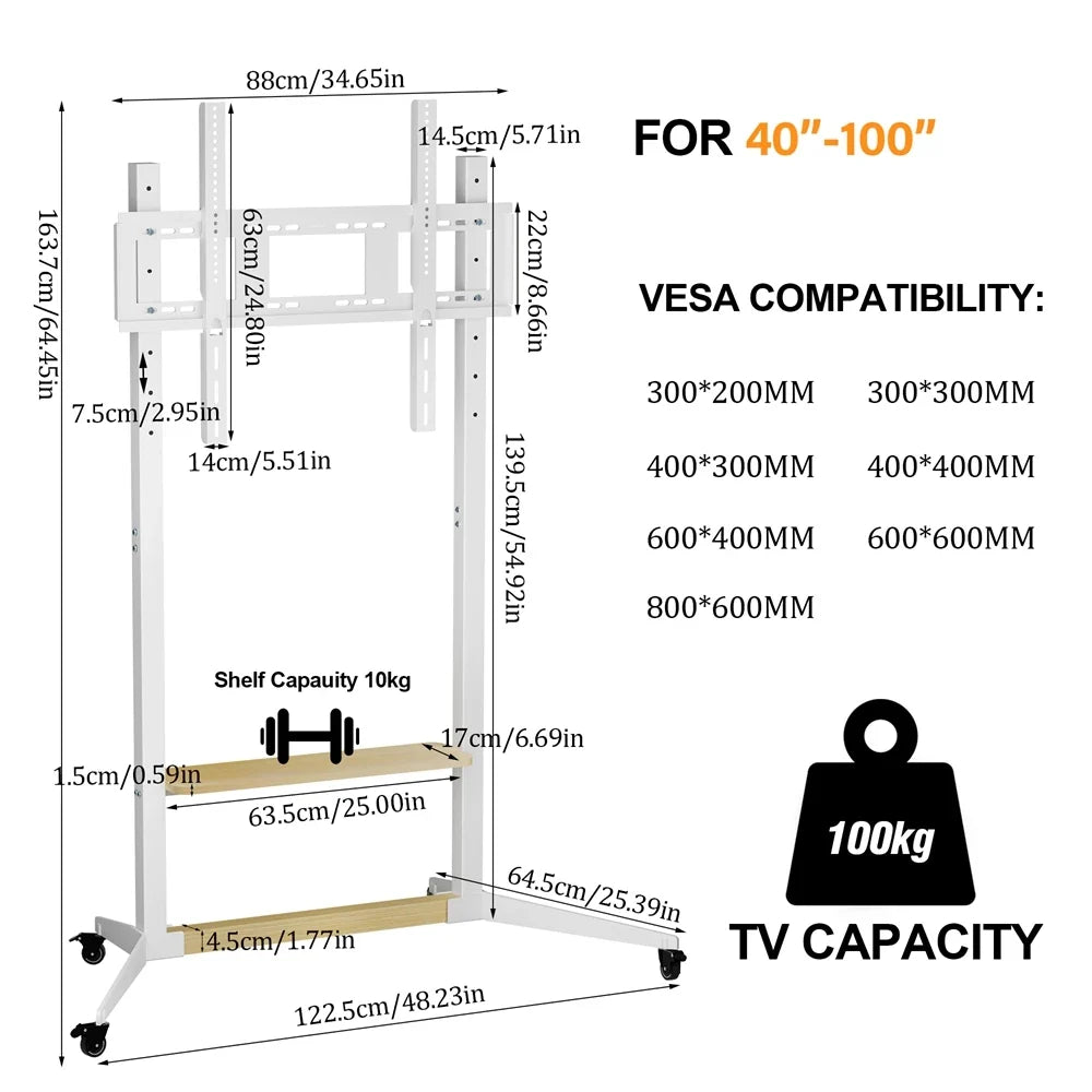Rolling TV Stand for 40-100 Inch TVs with Shelf
