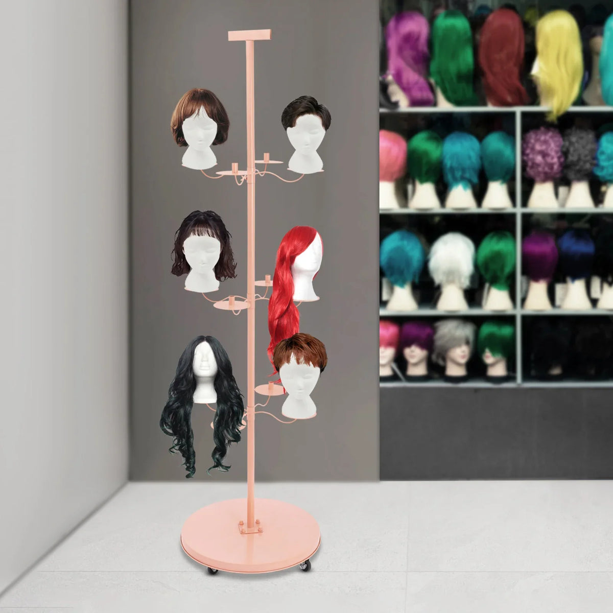 12-Arm Rolling Wig Display Stand with 360° Rotating Tiers