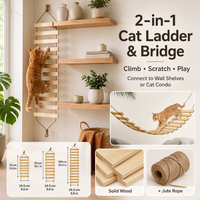 Natural Wood Cat Climbing Ladder Bridge, Flexible Hanging Cat Toy for Wall Path, Shelves, Cat Tree and Condo
