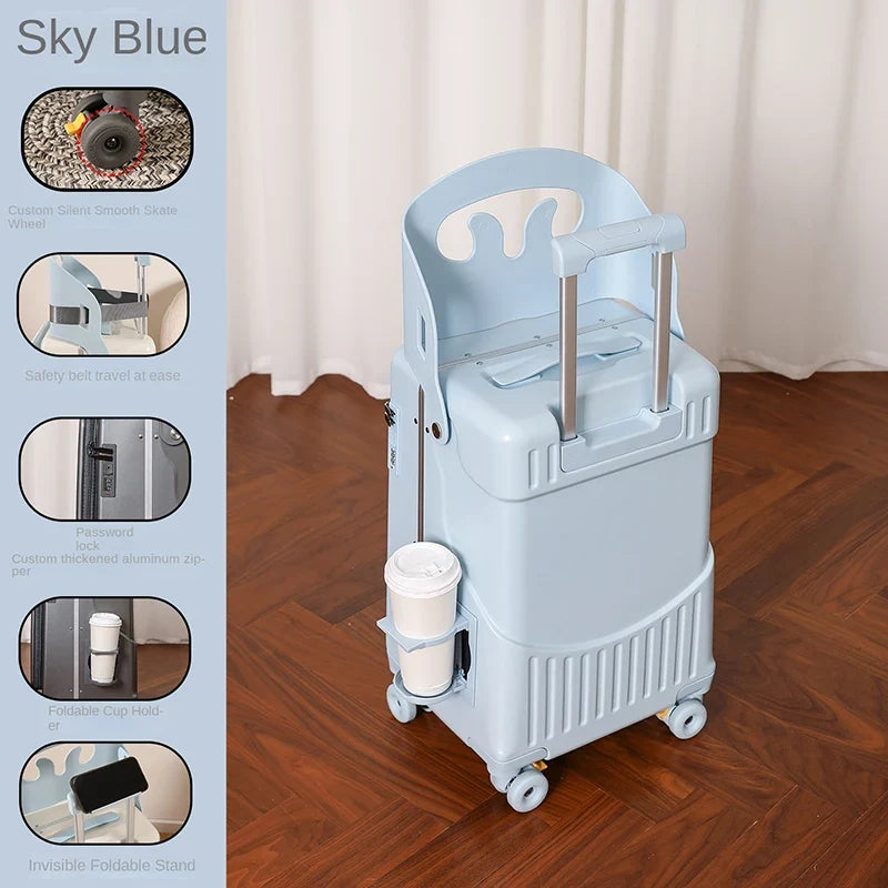 New Suitcase for Children Can Sit 20/22/24 Inch Ride on Luggage Front Opening Sturdy Thickened Travel Suitcase with Cup Holder