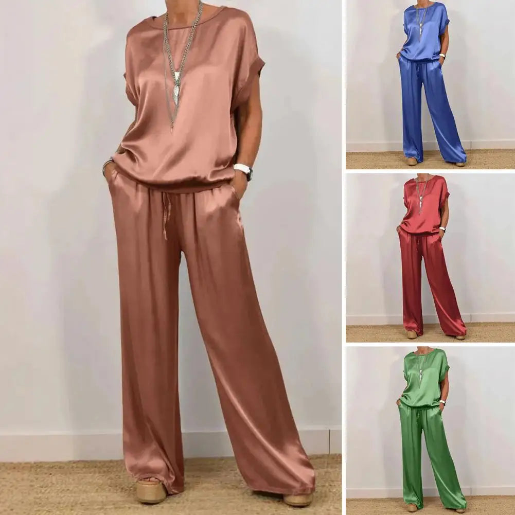 Simple Satin Women's Suits Summer Fashion Short Sleeve Loose Blouse Wide Leg Pants Two Piece Set For Women Casual Outfits