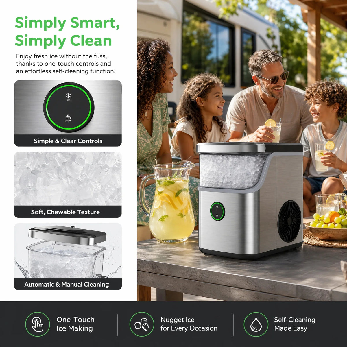 Nugget Ice Maker Countertop, Ice Basket with Handle, Quiet Operation & Self Cleaning Ice Machine, Chewable Ice, 33 Lbs/24H, Portable Pellet Ice Maker with Scoop for Home, Kitchen and Office
