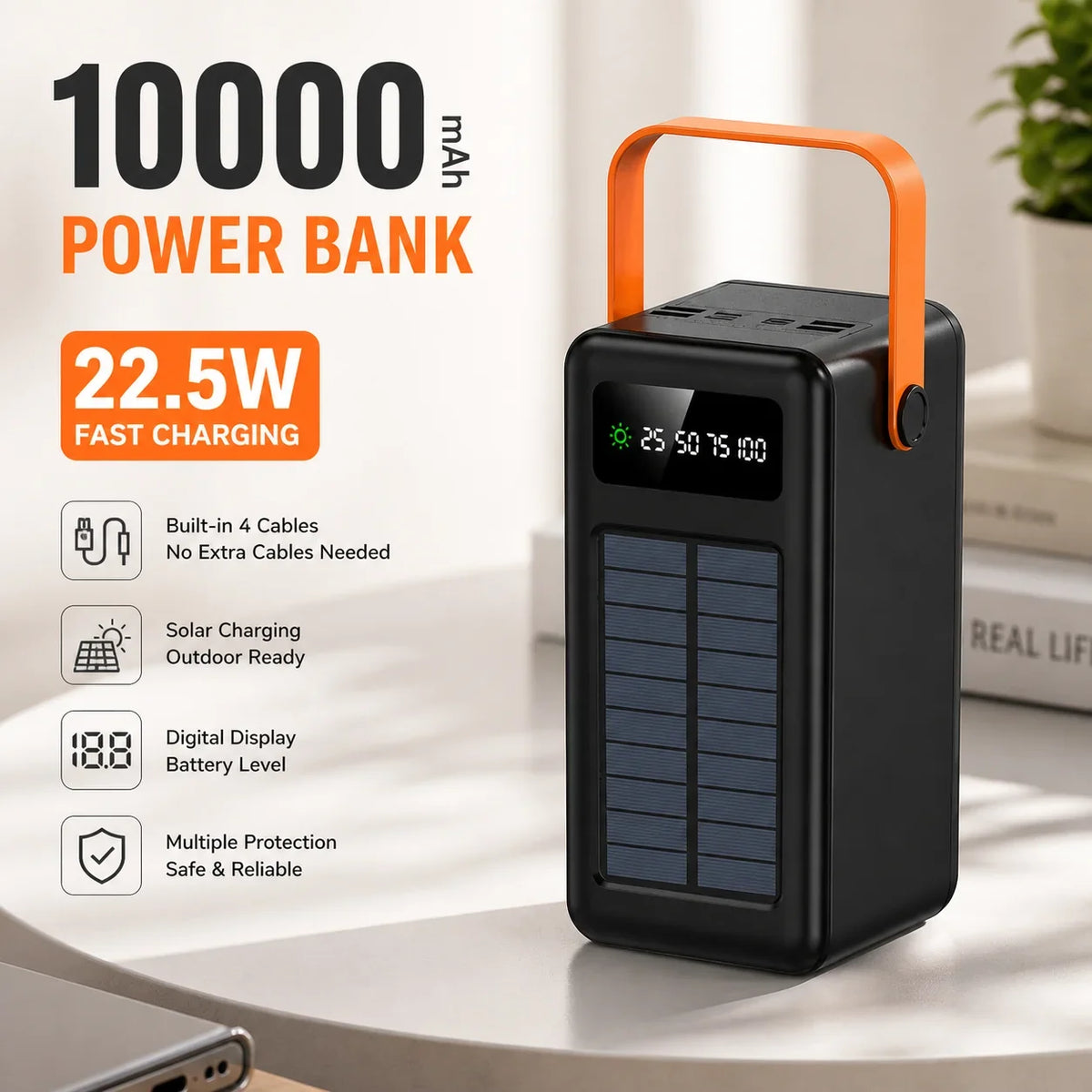 100000mAh Power Bank Portable Charger with Solar Panel, Fast Charging External Battery Pack, 4 Cables, Flashlight