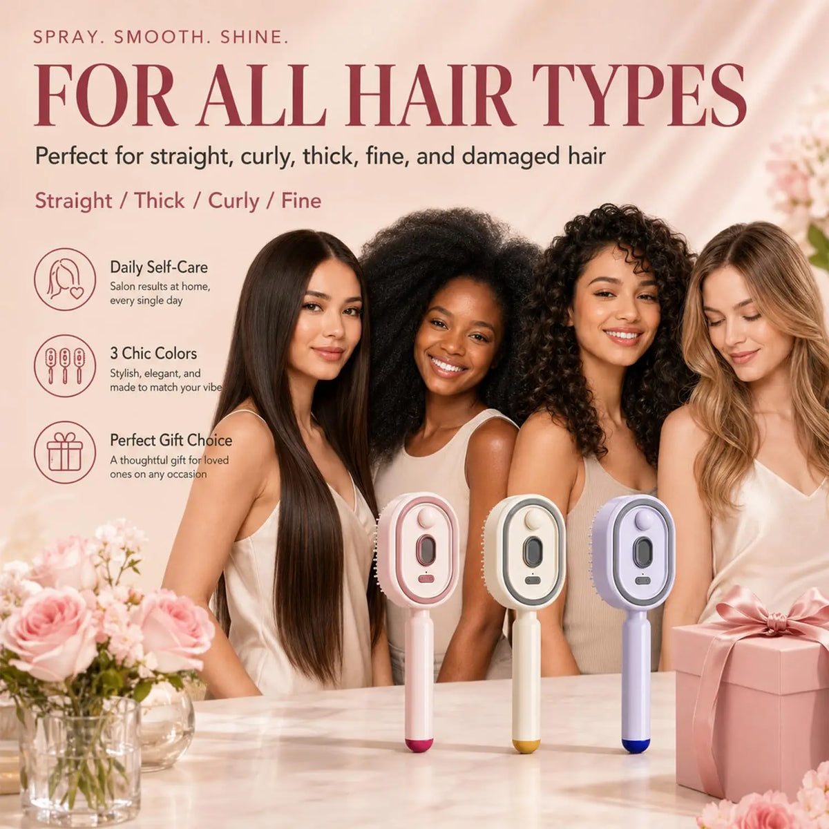 2026 Electric Steaming Hair Straightener Brush Electric Spray Air Cushion Massage Hair Brush Rechargeable Detangling Steam Brush