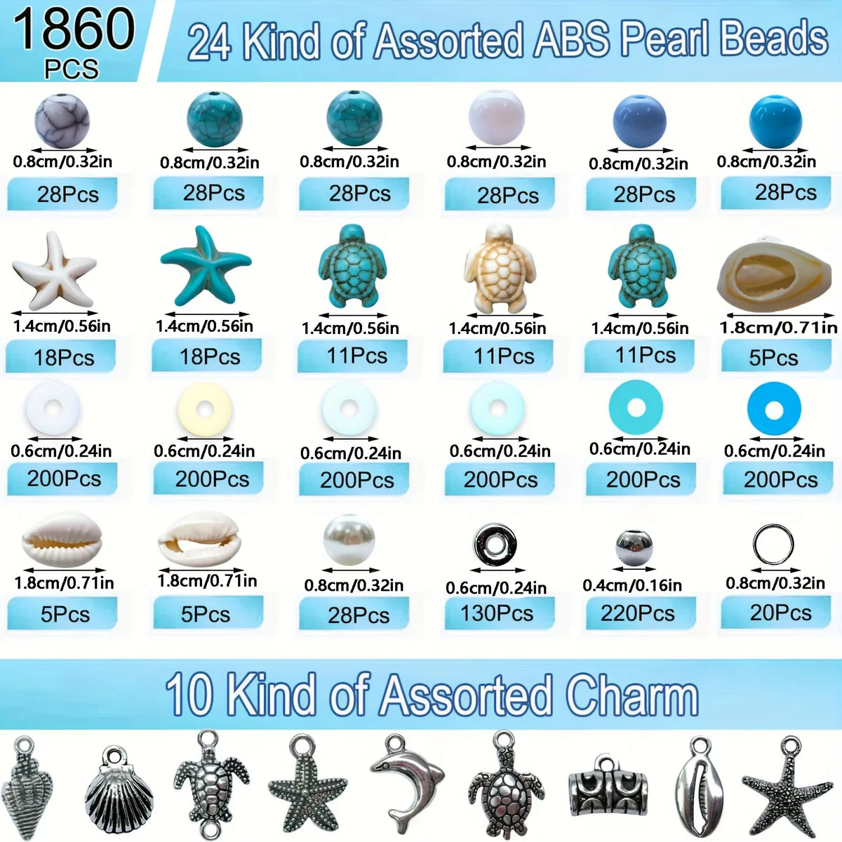 1860pcs Sea Blue and White Beads Paired with Sea Turtle and Starfish Shaped 8mm Round Beads, Suitable for Bracelets, Jewelry, Ke