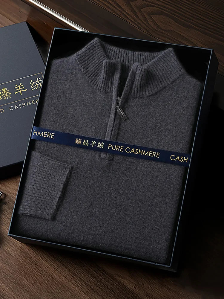CHICUU Men's 100% Cashmere Sweater Zipper Pullover Mock Neck Long Sleeve Basic Cashmere Knitwear Autumn Winter Clothing Tops
