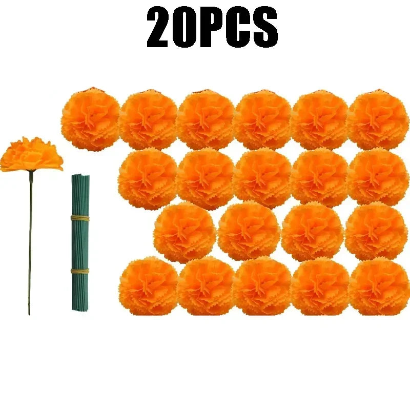 Halloween Decoration Artificial Orange Marigold Flowers Silk Fake Paper Flowers for Day of the Dead Diwali Festival Decor