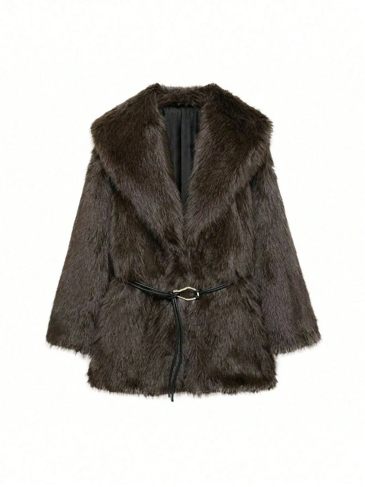 IG Women Large Lapel Belted Waist Faux Fur Mid-Length Coat, Long Sleeve Winter Warm Elegant Fluffy Outerwear