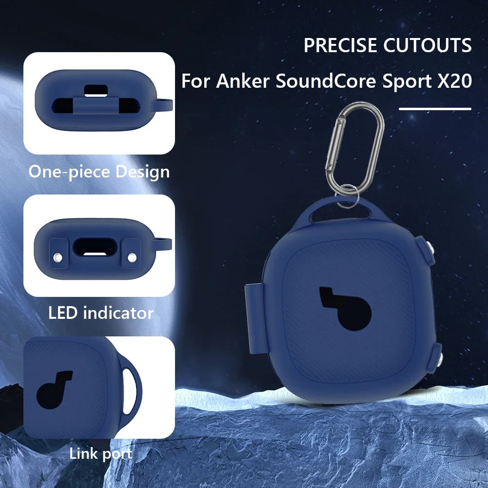 Silicone Case Cover with Carabiner Full Body Protective Case Shockproof Anti-Scratch for Anker SoundCore Sport X20 Charging Case