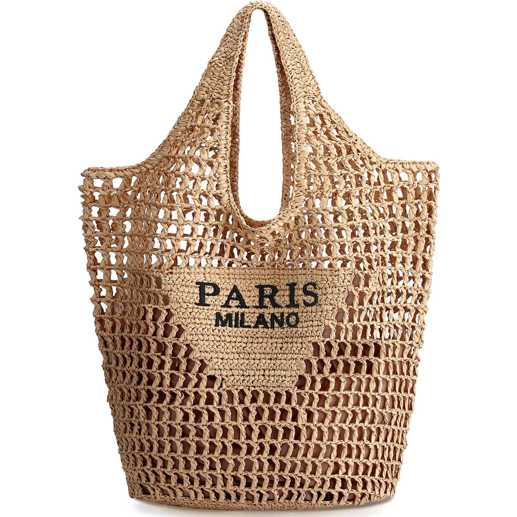 Handmade Woven Straw Beach Tote Bag - Large Capacity, Embroidered Detail, Shoulder or Hand Carry, Khaki / Beige