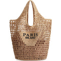 Handmade Woven Straw Beach Tote Bag - Large Capacity, Embroidered Detail, Shoulder or Hand Carry, Khaki / Beige
