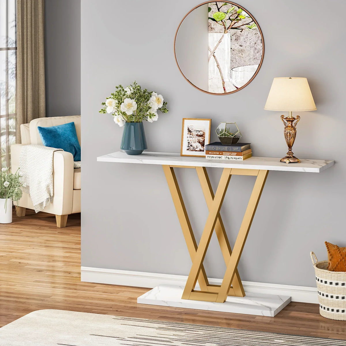 Tribesigns 43" V-Leg Console Table - E1 MDF Top, Powder-Coated Metal Frame, 300lb Capacity, Light Gray / Chocolate / White