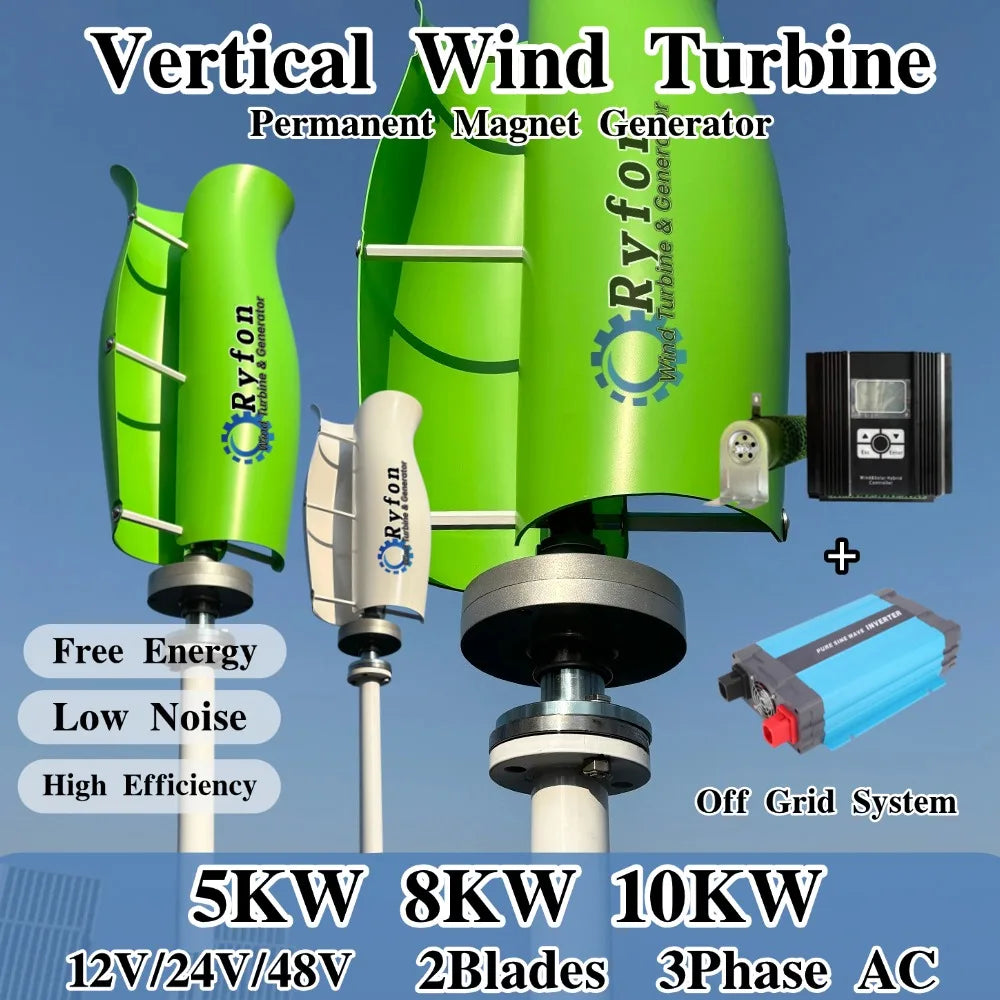 2Blades 5000W 8000W 10KW 24V 48V Vertical Wind Turbine Permanent Magnet Generator 3Phase AC With Hybrid Controller For Home Boat