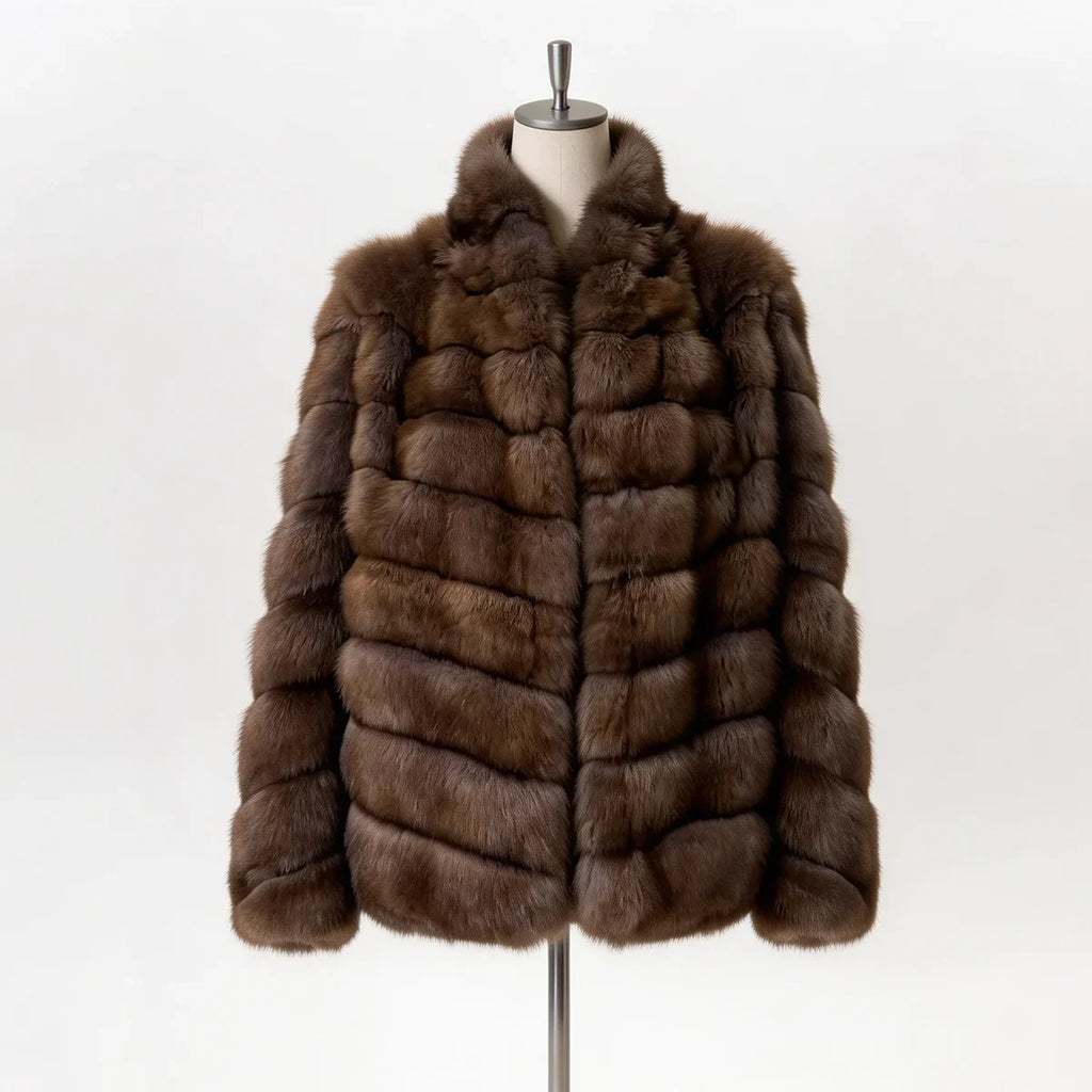 Women Winter Faux Fur Coat 2026 Warm Taupe Fluffy Plush Jacket Striped Patchwork Elegant Outerwear