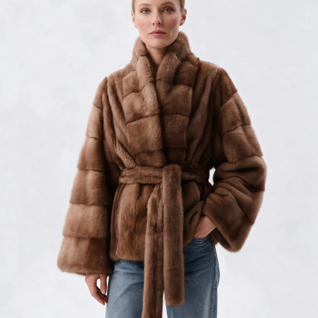 IG 2026 Women Stand Collar Belted Waist Faux Mink Fur Jacket Loose Long Sleeve Luxury Elegant Winter Party Daily Outer Coat