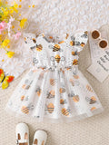 Single-Piece Baby Girl Casual Dress for Spring and Summer, Cute Style, Milk Silk, Fun Cartoon Bee Digital Print Pattern, Mesh Baby Girl Dress