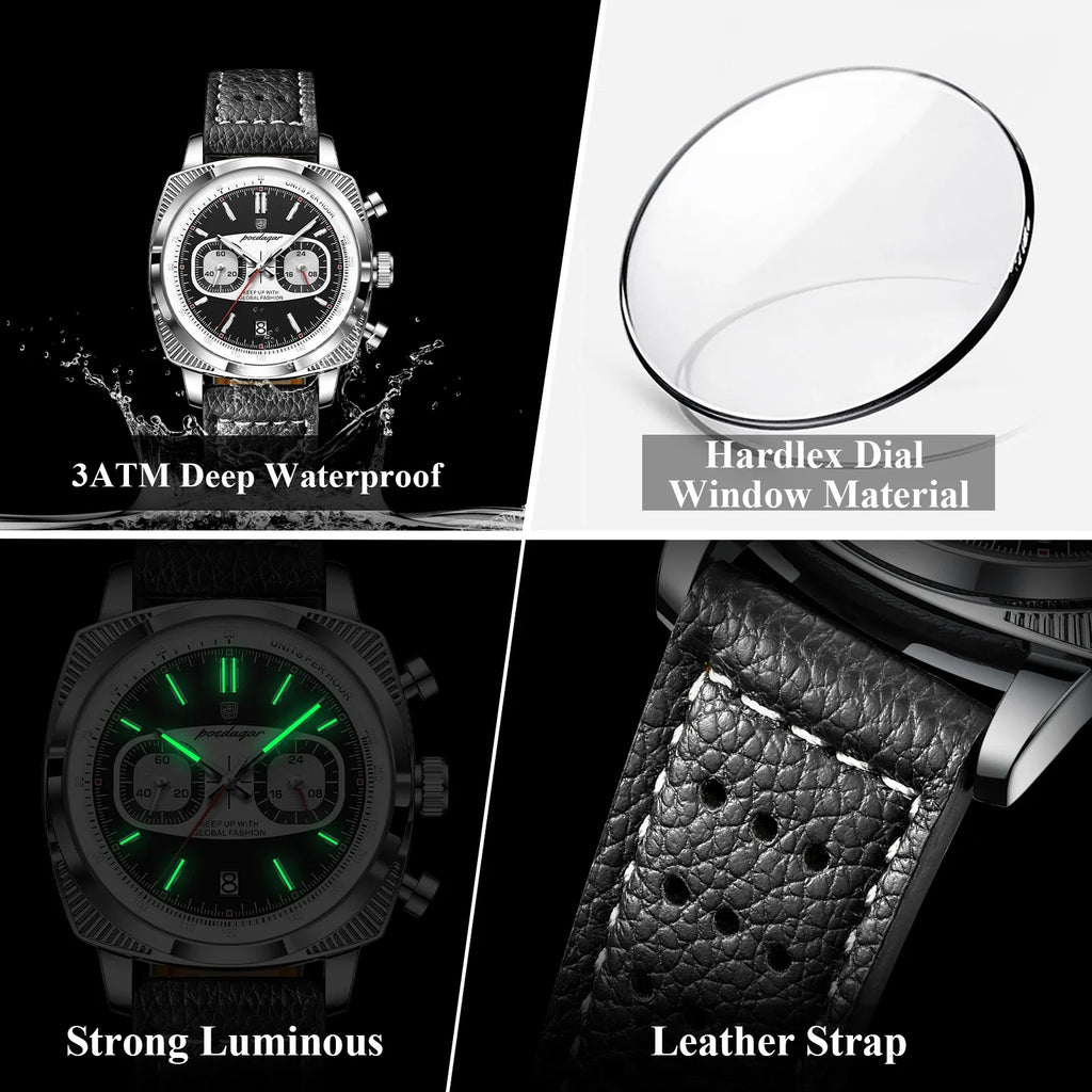 POEDAGAR Fashion Original Men Wristwatch Luminous Waterproof Date Chronograph Youth Man Clock Leather Sport High Quality Quartz Men's Watches Reloj