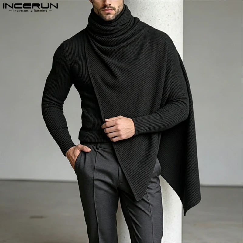 INCERUN Men's Pullovers Solid Turtleneck Long Sleeve Casual Irregular Tops Sweater For Man Streetwear Loose Fashion Men Clothes