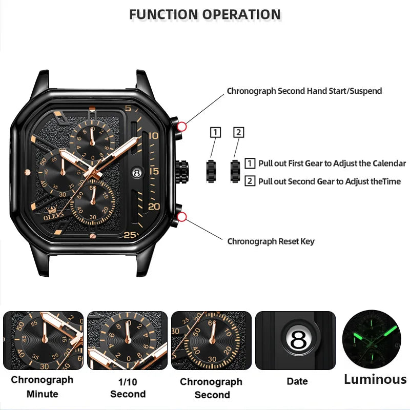 OLEVS 9950 Men Watch Trendy Luxury Waterproof Square Chronograph Leather Strap Classic Brand Original Quartz Men Watch Reloj Box