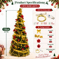 Green PVC Christmas Tree 1.5/1.8/2.1M Pre-Decorated Bow Topper Flowers,Foldable Xmas Tree Optional USB Lights Holiday Home Decor