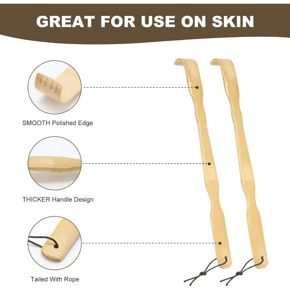 3‑Pack Bamboo Back Scratcher Set, 18.3 Inch Long Handle Natural Back Itch Reliever Relax Massage Tool Unique Gift for Men Women