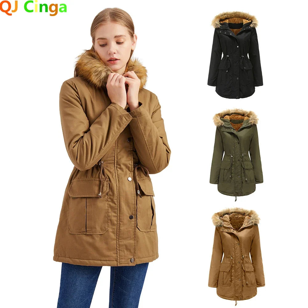 2026 Warm Winter Jacket Women's Fur Collar Coats Jackets for Lady Long Slim Fleece Parka Hoodies Parkas
