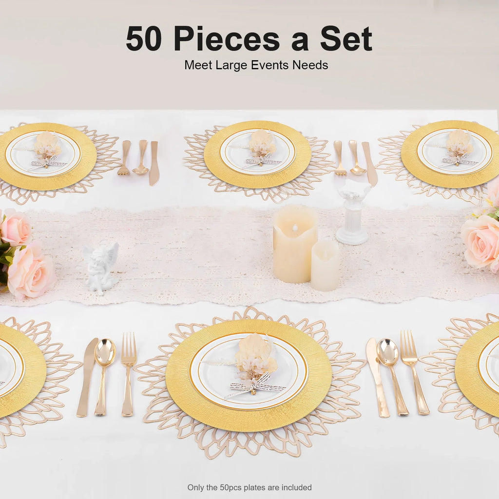 Gold Round Charger Plates Set 50Pcs PP Reusable Serving Plates For Wedding Banquet Hotel Restaurant Party Table Decor