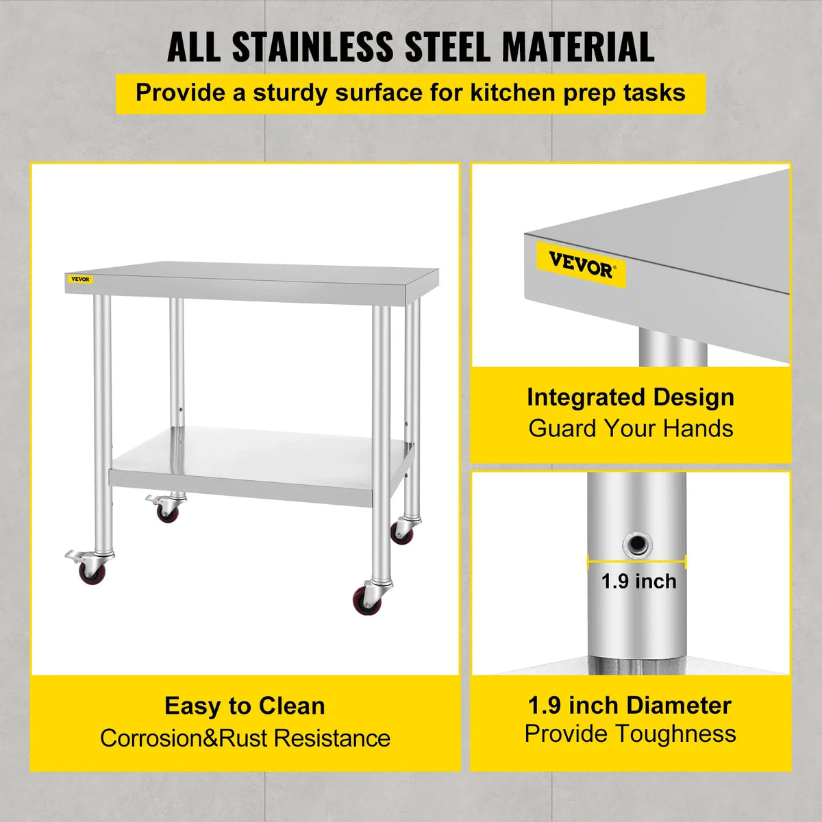 SucceBuy Stainless Steel Prep Table with Adjustable Shelf and Casters