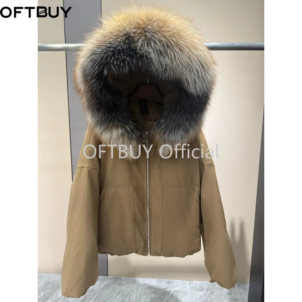 OFTBUY Real Fox Fur Collar Goose Down Jacket Women Cropped Hooded Coat Winter Warm Zipper Natural Fox Fur Thick Outerwear