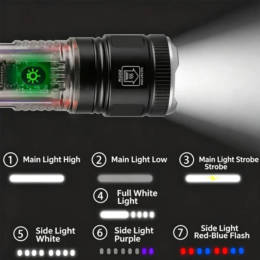 High Power LED Flashlight With Side Light Solar Powered Hand Lantern USB Rechargeable Strong Torch For Outdoor Camping Fishing