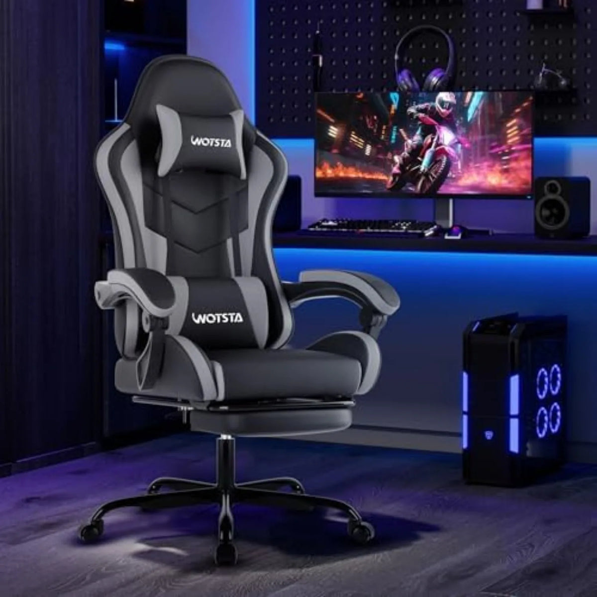 Ergonomic Gaming & Office Chair, Footrest, Racing Design Black/Grey | PVC with headrest,lumbar, Adjustable Height