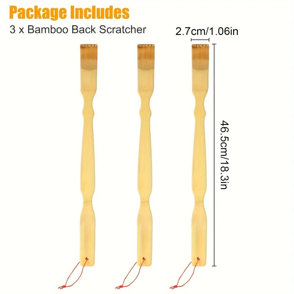 3‑Pack Bamboo Back Scratcher Set, 18.3 Inch Long Handle Natural Back Itch Reliever Relax Massage Tool Unique Gift for Men Women
