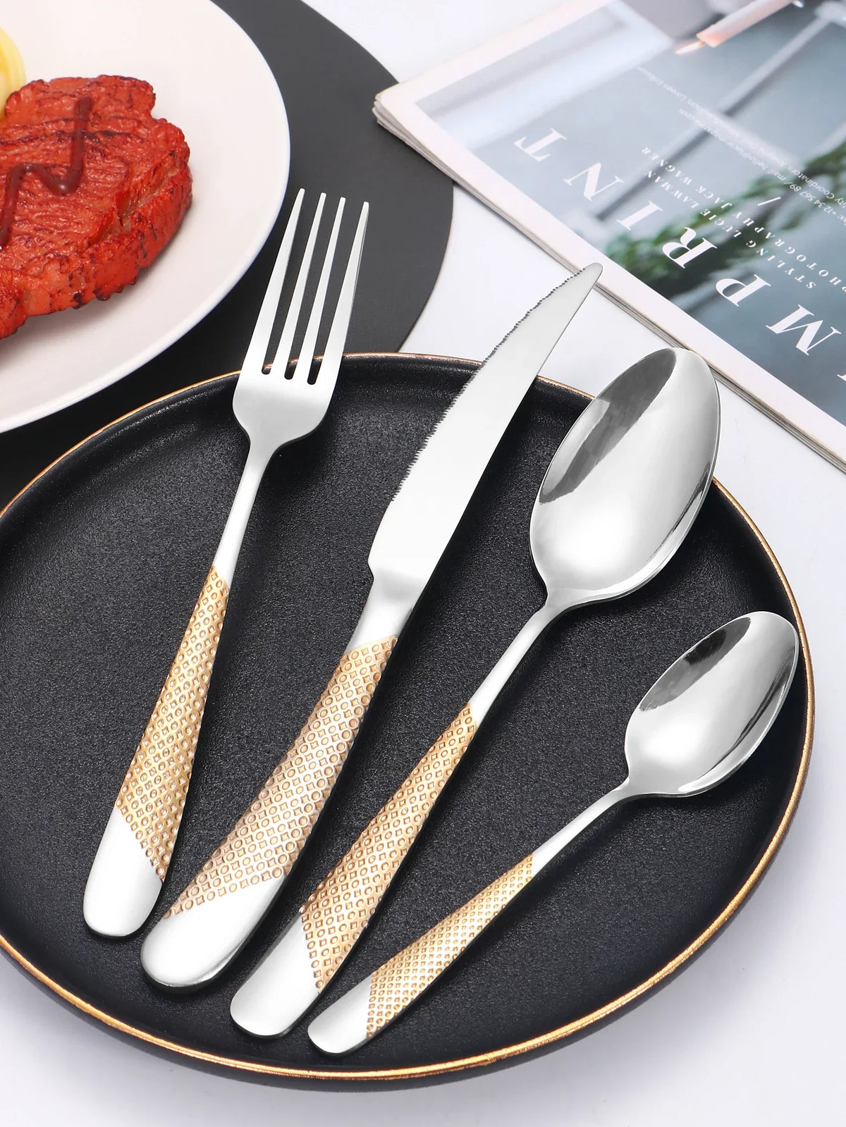 24pc Stainless Steel Tableware Star Steak Knife and Fork Dessert Fork Spoon Family Suits