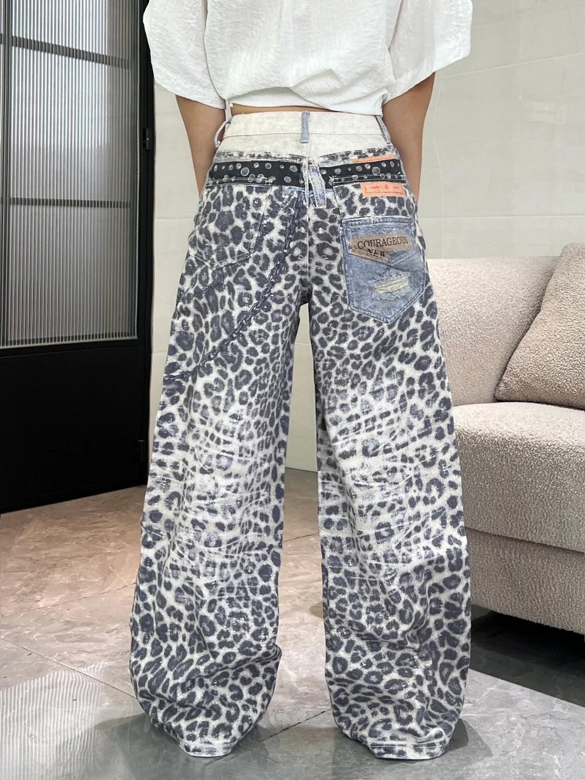 1PC Vintage Leopard Print High-Waist Loose Women's Jeans, Fashionable Design, Street Style Casual Versatile Wide-Leg Pants
