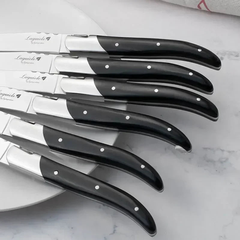 2-10pcs Laguiole Steak Knifes Dinner Knives Black Wood Handle Dinnerware Stainless Table Knife and Fork Wooden Tableware Cutlery