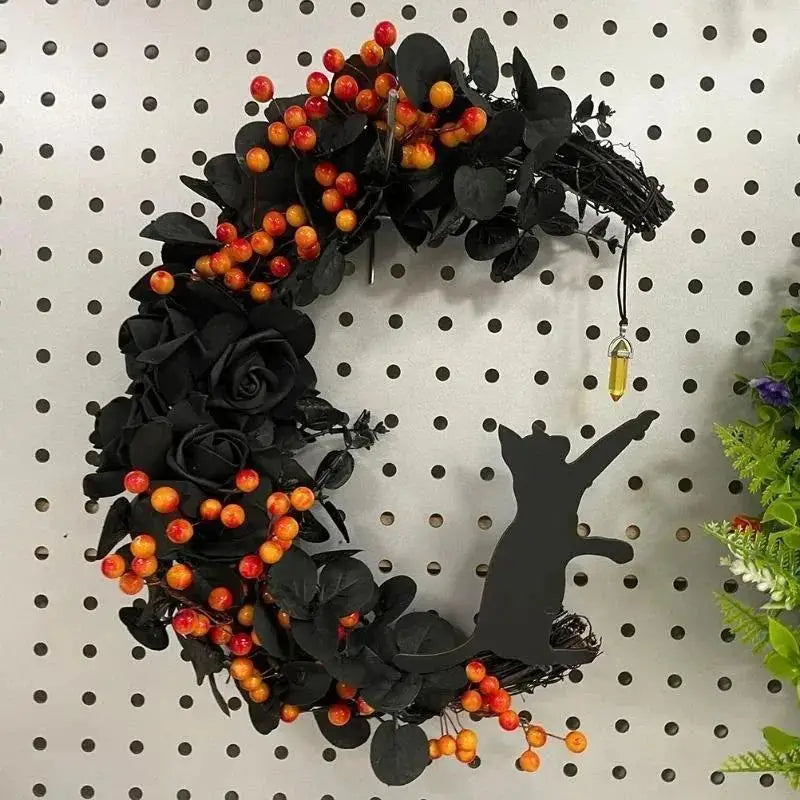 Halloween Crescent Moon Cat Garland, Black Rose Wreath Decor
