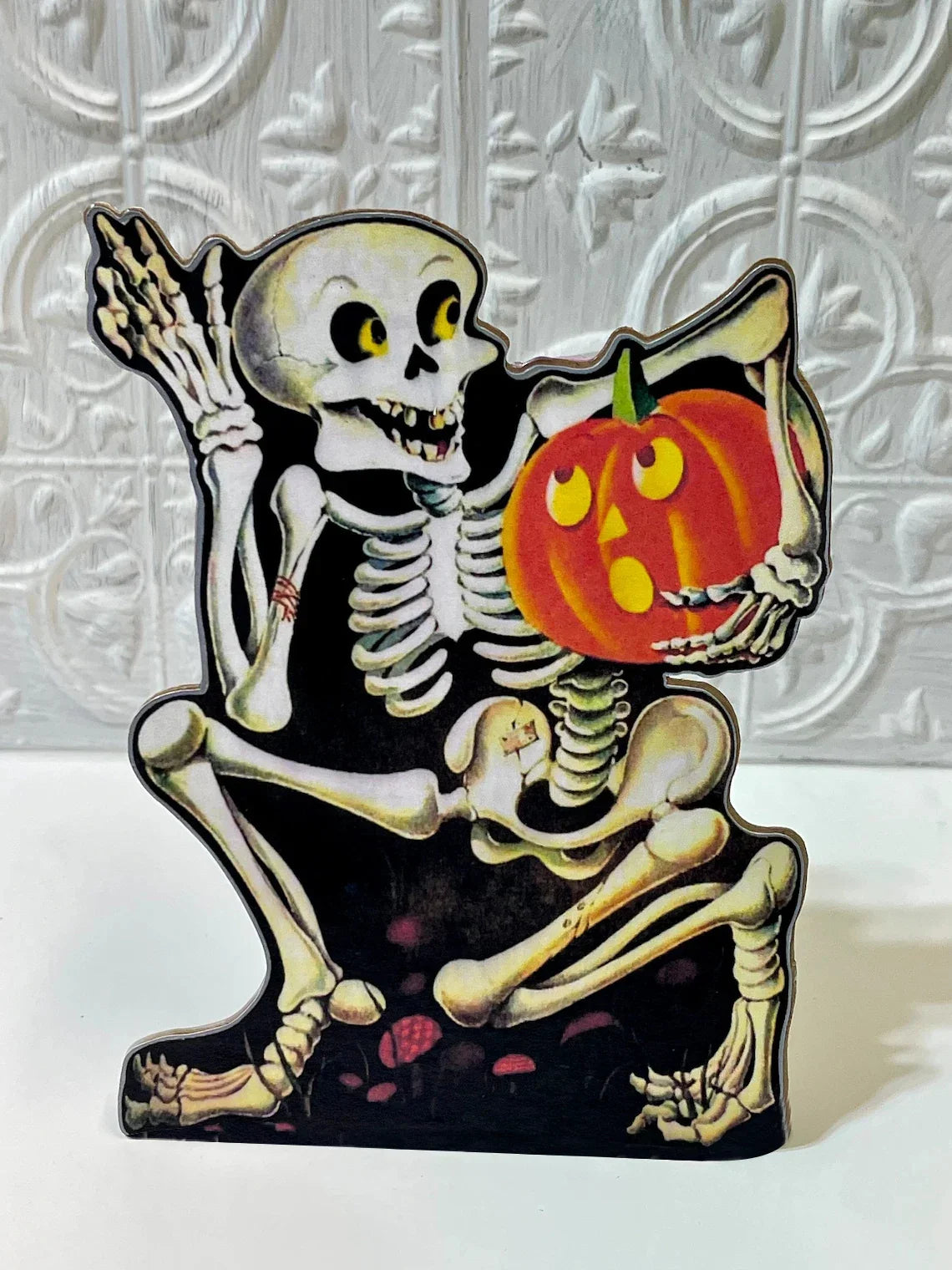 Halloween Skeleton Tabletop Ornament Holding Pumpkin