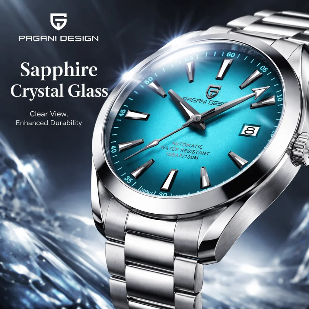 Pagani Design Men Automatic Watch Turquoise Dial Stainless Steel Band Japan Movement 100M Waterproof Luxury Casual Business Wristwatch With Date Display Sapphire Glass Luminous Hands For Men