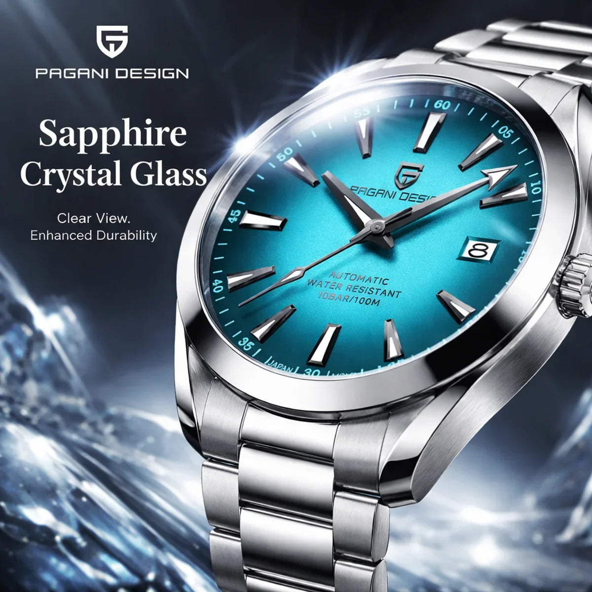 Pagani Design Men Automatic Watch Turquoise Dial Stainless Steel Band Japan Movement 100M Waterproof Luxury Casual Business Wristwatch With Date Display Sapphire Glass Luminous Hands For Men