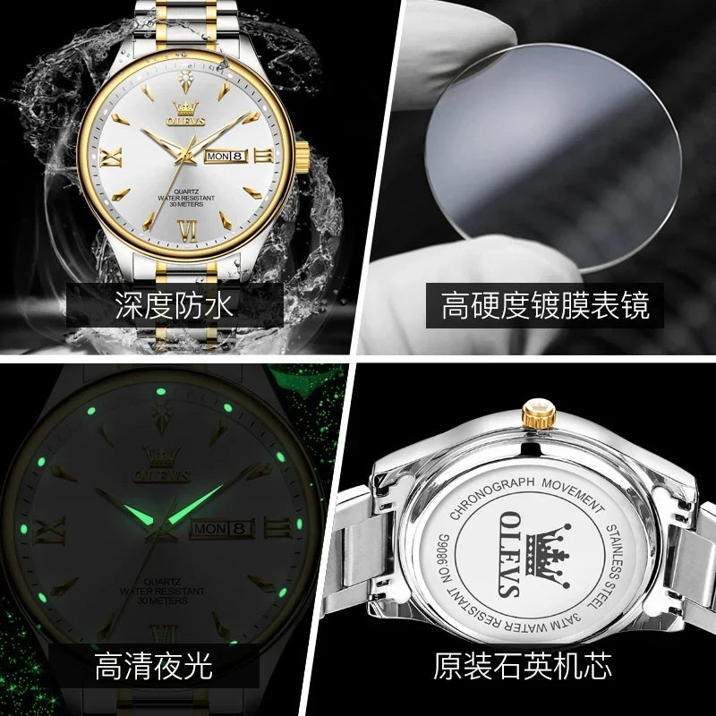 OLEVS 9806 Brand Couple Watch Calendar Waterproof Luminous Quartz Watch for Men's and Lady's Original Fashion Lover's Watches
