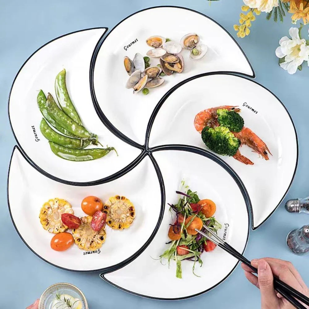 5 Piece Reunion Ceramic Dinnerware Set Moon Shaped Hot Pot Plate Flexible Combination of Plates According to Food Consumption