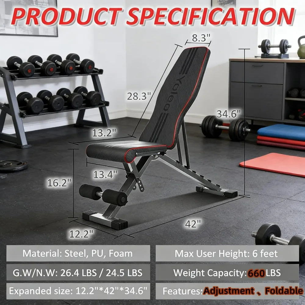 Adjustable Weight Bench for Bench Press Heavy Duty Stable Workout Bench Foldable Incline Decline 90 Degree Exercise Home Gym